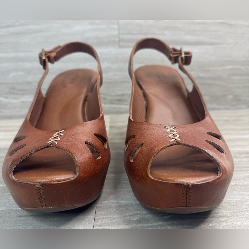 Kork-Ease Brown Leather Peep-Toe Wedge Slingbacks - Picture 2 of 11
